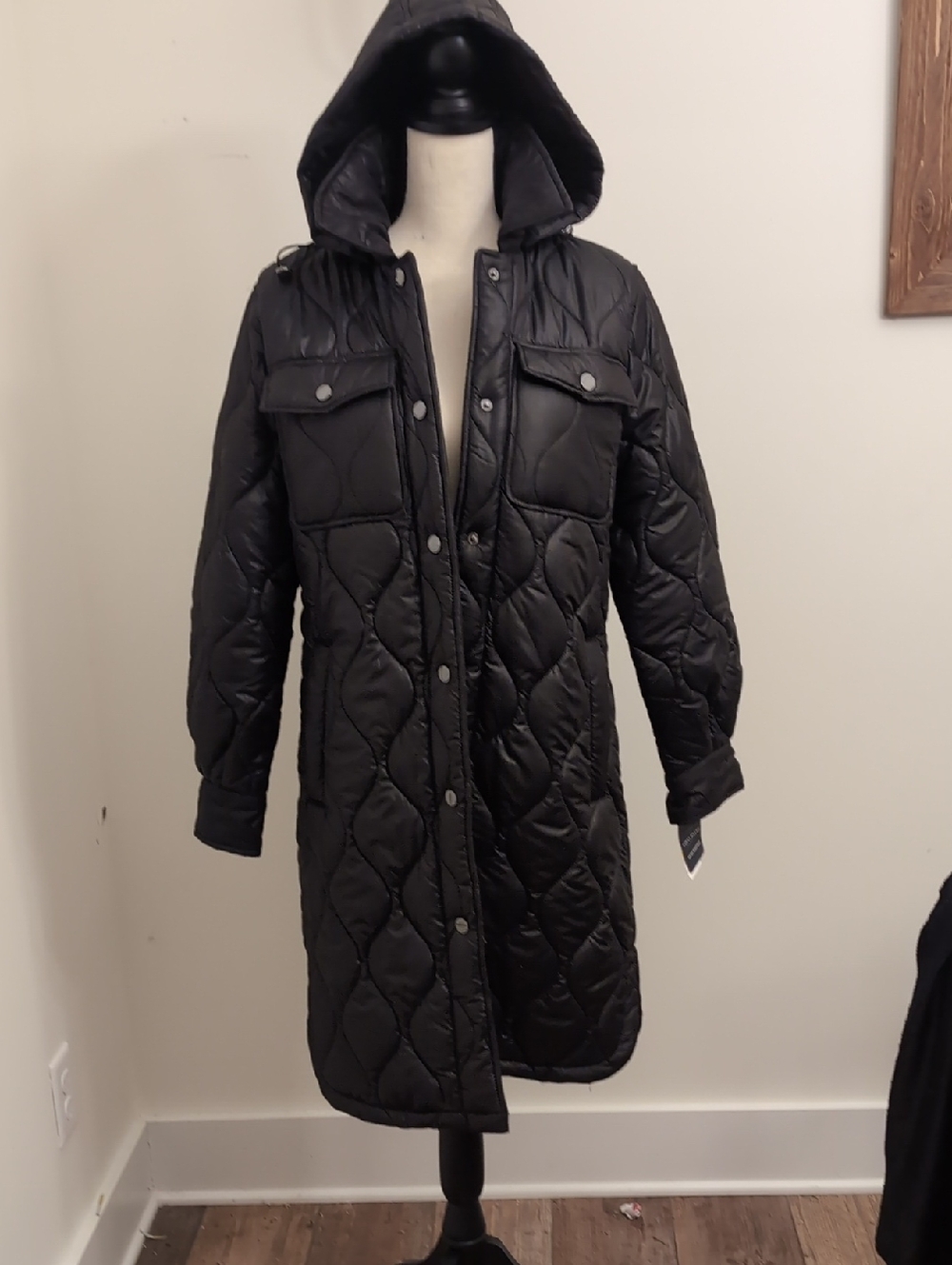 Lucky Brand Black Quilted Hooded Long Puffer Coat